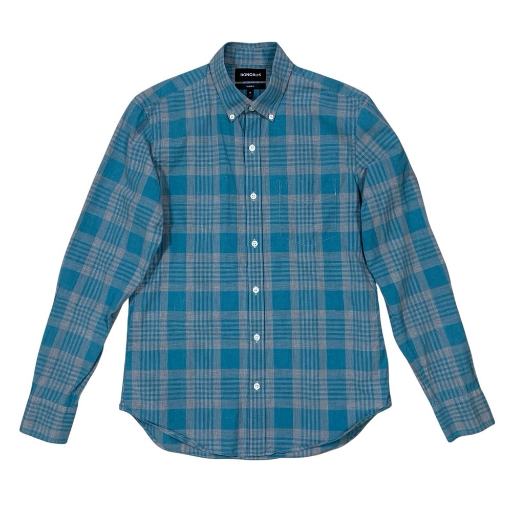 Bonobos Blue Plaid Long Sleeve Button Up Shirt Tailored Fit Cotton Medium